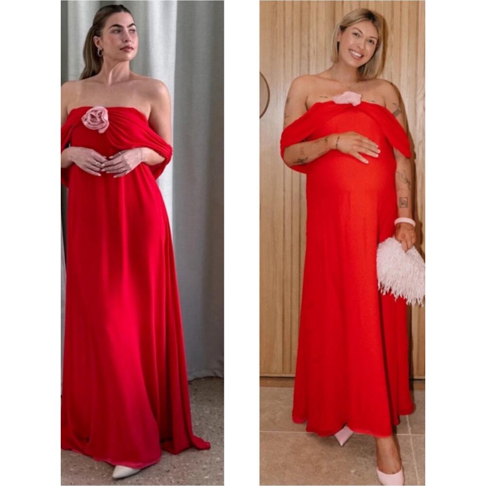 BERNADETTE Daffodil Off the Shoulder Floral Silk Red Maxi Dress Size 12 - Picture 2 of 11